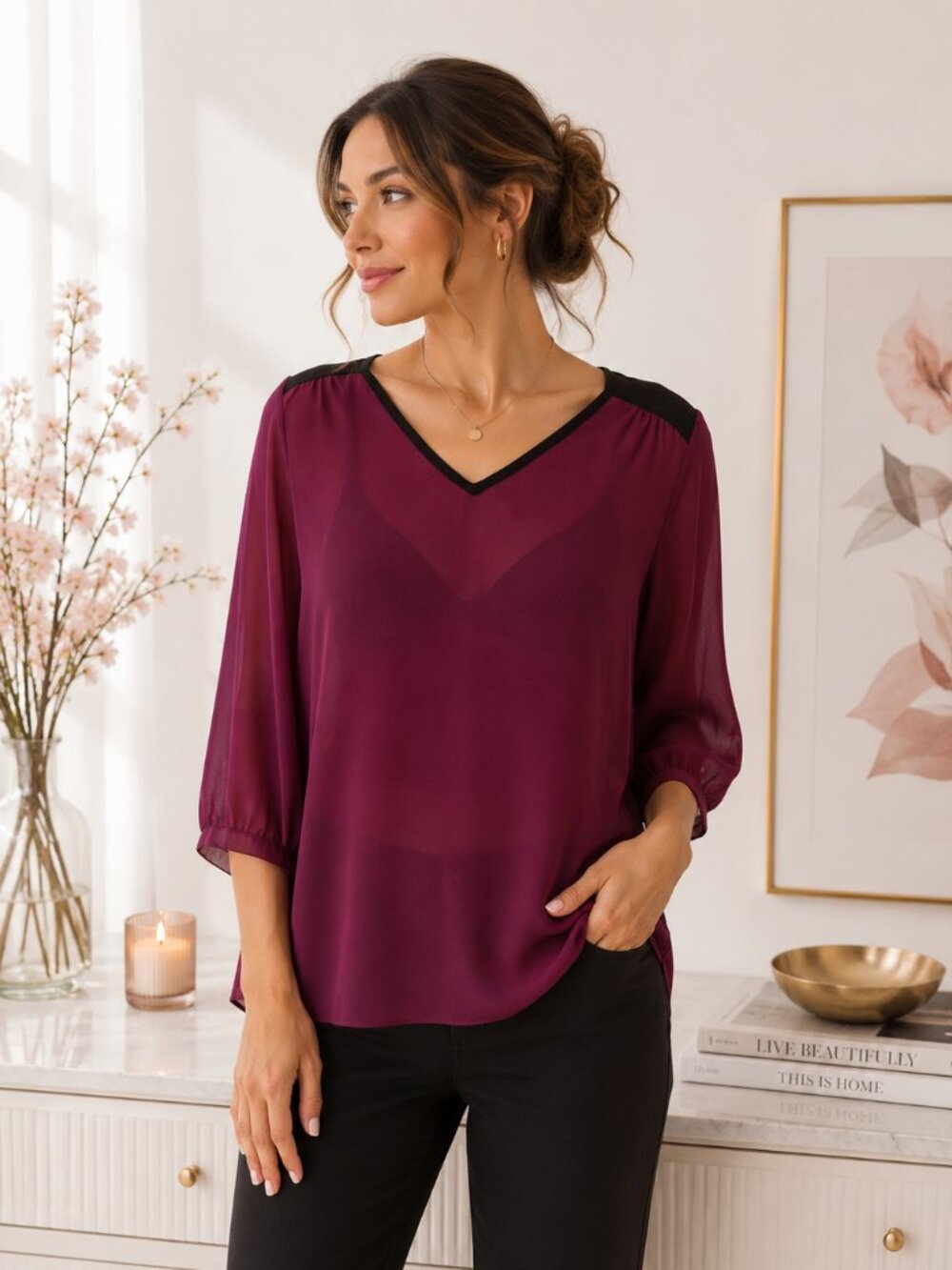 A. Byer Burgundy V-Neck 3/4 Sleeve Blouse | XL - Picture 2 of 12